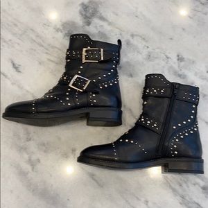 European Black Leather Studded Boots Size 40
